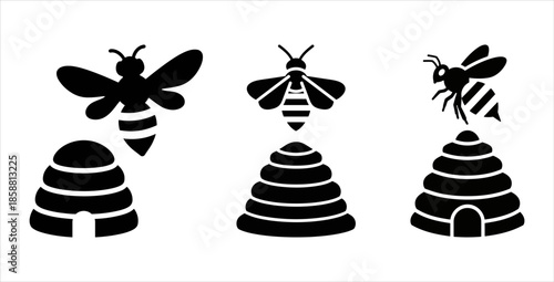 Bee beehive silhouettes set, honey insect nature icons