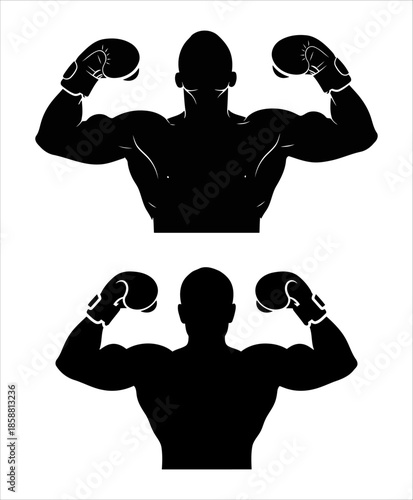 Boxer silhouettes flexing biceps with gloves, fitness strength
