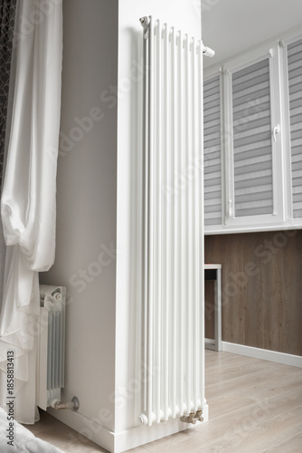 Designer vertical heating radiator on the wall in the interior of an apartment, house.