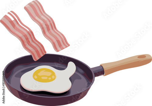 Vector Illustration of Fried Egg and Bacon Strips in a Frying Pan