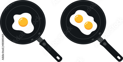 Vector Illustration of Single and Double Fried Eggs Cooking in Frying Pans