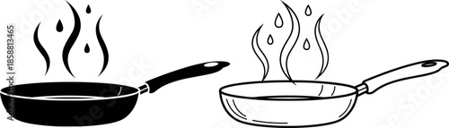 Vector Illustration of Sizzling Frying Pans with Steam and Oil Droplets
