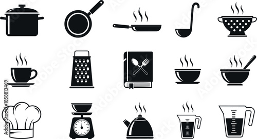 Vector Set of 15 Kitchen and Cooking Silhouette Icons Featuring Cookware and Utensils