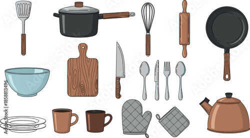 Vector Set of Hand-Drawn Kitchen Utensils Cookware and Dining Essentials