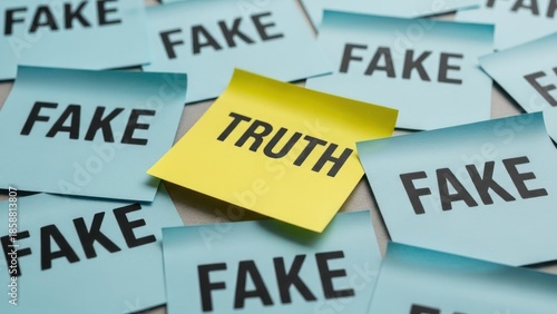 Wallpaper Mural Scattered sticky notes with "FAKE" in blue and one yellow note with "TRUTH. Torontodigital.ca