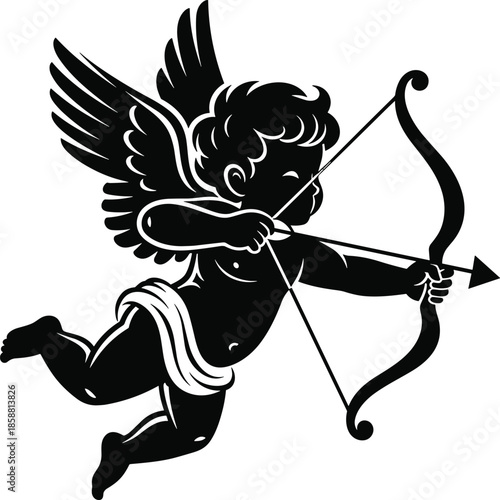 Cupid with Bow and Arrow Silhouette Vector Illustration