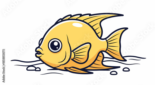Cute Yellow Cartoon Fish Swimming in Water.