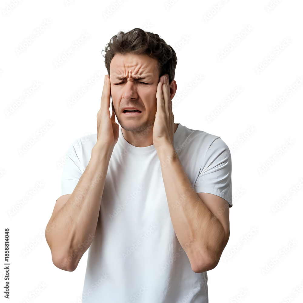 Fototapeta premium Man experiencing stress and headache in white shirt solid on transparent background.