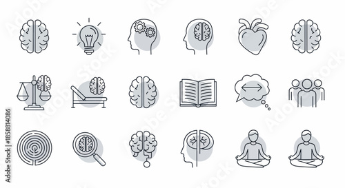 Psychology and Mental Health Line Art Icons Set.