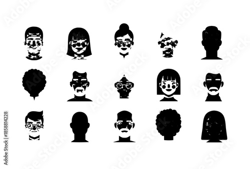 Diverse human faces vector set in minimalist flat style with multiple expressions on white background