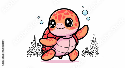 Cute cartoon baby sea turtle swimming happily underwater.