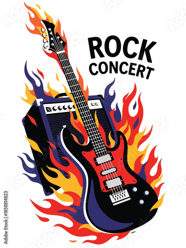 Modern vector illustration poster for rock concert with electric guitar and bold dynamic composition, ideal for music event posters, flyers, and social media promotion