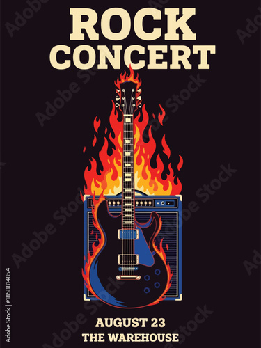 Modern vector illustration poster for rock concert with electric guitar and bold dynamic composition, ideal for music event posters, flyers, and social media promotion
