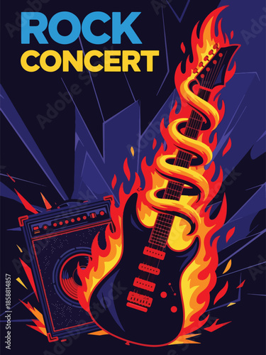 Modern vector illustration poster for rock concert with electric guitar and bold dynamic composition, ideal for music event posters, flyers, and social media promotion