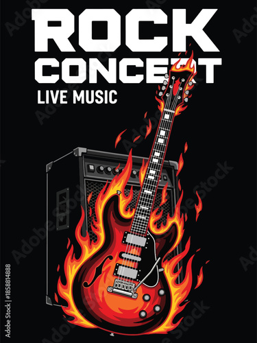 Modern vector illustration poster for rock concert with electric guitar and bold dynamic composition, ideal for music event posters, flyers, and social media promotion
