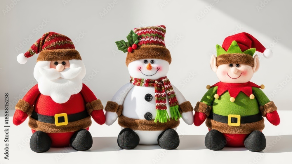 Obraz premium Three plush Christmas characters, Santa, snowman, and elf, stand together