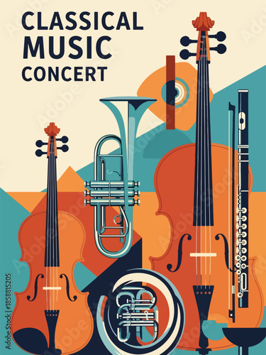 Modern vector illustration poster for classical music concert with violin and piano elements, ideal for orchestra events, recitals, and cultural promotions
