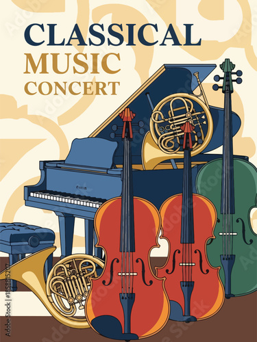 Modern vector illustration poster for classical music concert with violin and piano elements, ideal for orchestra events, recitals, and cultural promotions