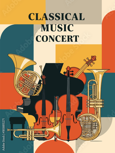 Modern vector illustration poster for classical music concert with violin and piano elements, ideal for orchestra events, recitals, and cultural promotions