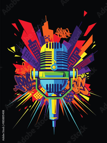 Modern vector illustration poster for hip hop concert with microphone and urban style, ideal for rap shows, street culture events, and music promotions