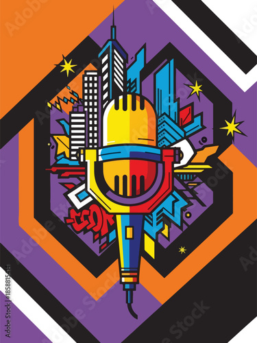 Modern vector illustration poster for hip hop concert with microphone and urban style, ideal for rap shows, street culture events, and music promotions