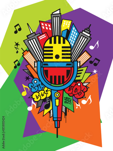 Modern vector illustration poster for hip hop concert with microphone and urban style, ideal for rap shows, street culture events, and music promotions