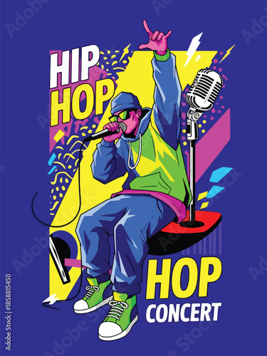 Modern vector illustration poster for hip hop concert with microphone and urban style, ideal for rap shows, street culture events, and music promotions
