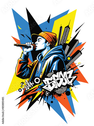 Modern vector illustration poster for hip hop concert with microphone and urban style, ideal for rap shows, street culture events, and music promotions