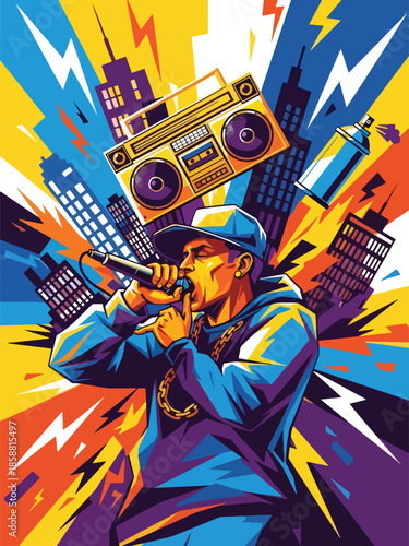 Modern vector illustration poster for hip hop concert with microphone and urban style, ideal for rap shows, street culture events, and music promotions