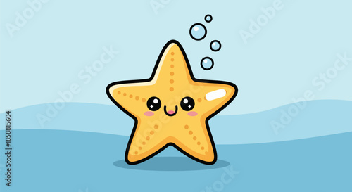 Cute cartoon yellow starfish with big eyes and bubbles.