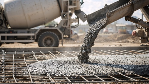 Wet concrete pouring from mixer truck chute onto steel rebar reinforcement. Industrial building foundation at construction site