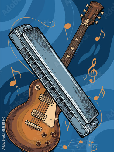 Modern vector illustration poster for blues concert with harmonica and guitar elements, ideal for live blues events and cultural music promotions