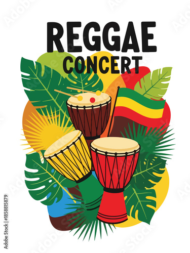 Modern vector illustration poster for reggae concert with drum and tropical elements, ideal for reggae festivals and summer music promotions