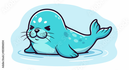 Cute cartoon seal with blue fur and white spots.