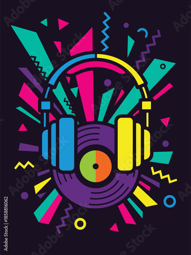 Modern vector illustration poster for DJ night event with headphones and vinyl record, ideal for club nights and electronic music promotions