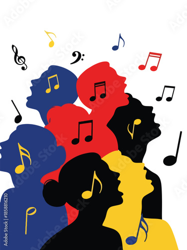 Modern vector illustration poster for choir concert with singing figures and musical notes, ideal for vocal performances and cultural music events