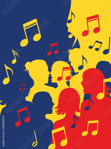 Modern vector illustration poster for choir concert with singing figures and musical notes, ideal for vocal performances and cultural music events
