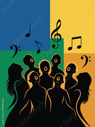 Modern vector illustration poster for choir concert with singing figures and musical notes, ideal for vocal performances and cultural music events