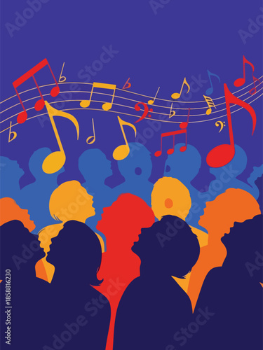 Modern vector illustration poster for choir concert with singing figures and musical notes, ideal for vocal performances and cultural music events