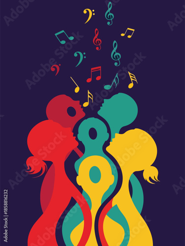 Modern vector illustration poster for choir concert with singing figures and musical notes, ideal for vocal performances and cultural music events