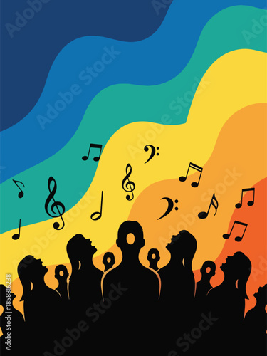 Modern vector illustration poster for choir concert with singing figures and musical notes, ideal for vocal performances and cultural music events