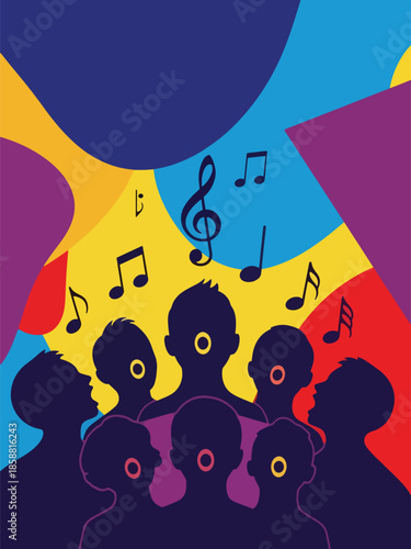 Modern vector illustration poster for choir concert with singing figures and musical notes, ideal for vocal performances and cultural music events