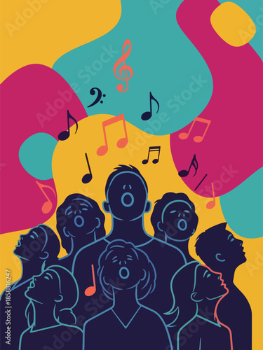 Modern vector illustration poster for choir concert with singing figures and musical notes, ideal for vocal performances and cultural music events