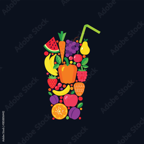 Smoothie Colorful illustration of various fruits and vegetables forming a juice in a glass with a straw.