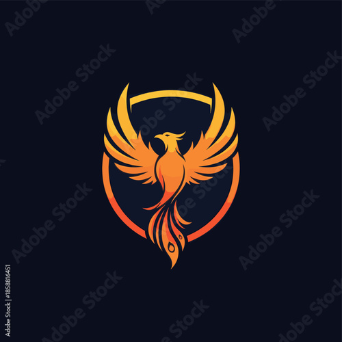 A vibrant orange and yellow phoenix bird with outstretched wings, depicted within a circular shield outline on a dark background, symbolizing rebirth and strength.