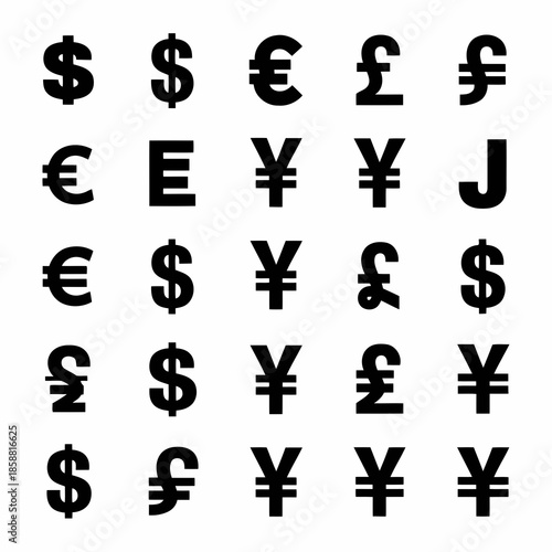 Collection of various currency symbols including dollar, euro, pound, yen, and more, displayed in a grid pattern