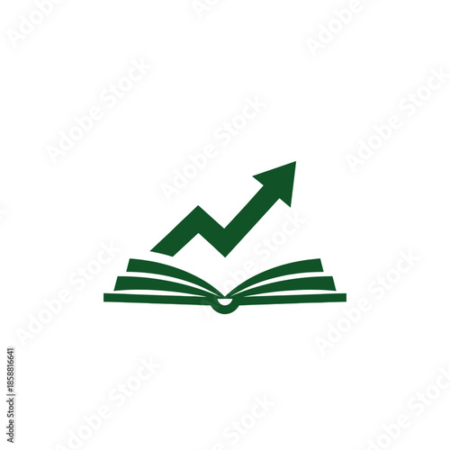 Green upward arrow graph emerging from an open book, symbolizing learning, growth, and knowledge advancement.