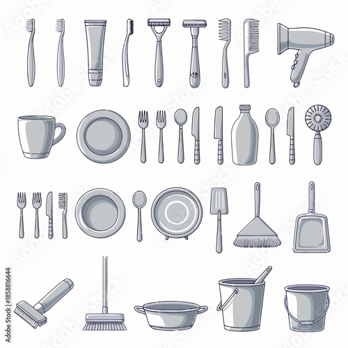Collection of various household and personal care items including kitchen utensils, cleaning tools, and grooming accessories