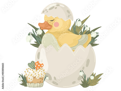 Cute duckling and easter cake with eggs. Vector hand drawn spring composition with yellow birds and holiday sweets for nursery textile or festive celebration cards.
