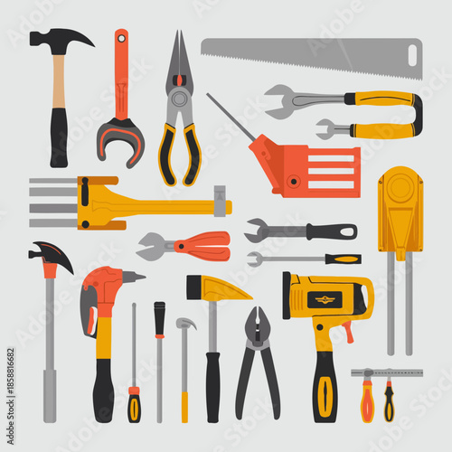 A collection of various tools and equipment including hammers, pliers, wrenches, screwdrivers, and saws, all depicted in a flat design style